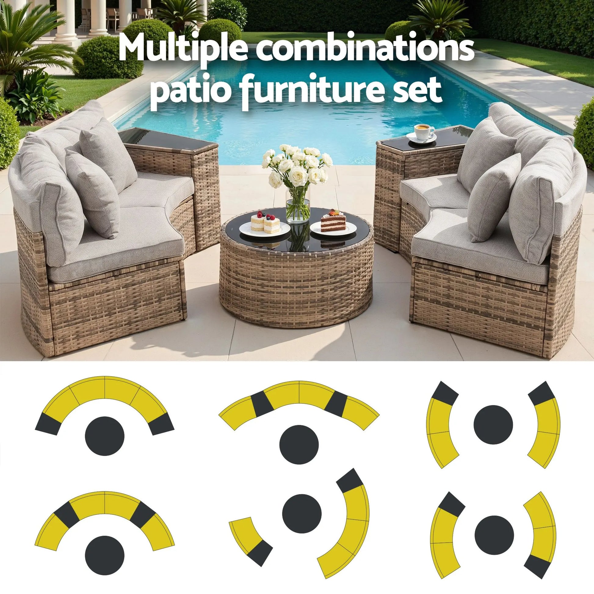 Gardeon 4 Seater Outdoor Sofa Set 7PCS Table Chair Brown Rattan Patio Furniture - Image 4