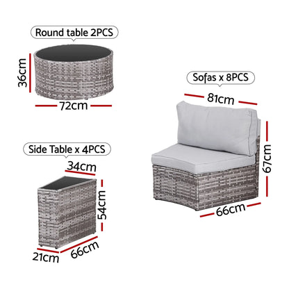 Gardeon 8 Seater Outdoor Sofa Set 14PCS Table Chair Set Rattan Patio Furniture - Image 2