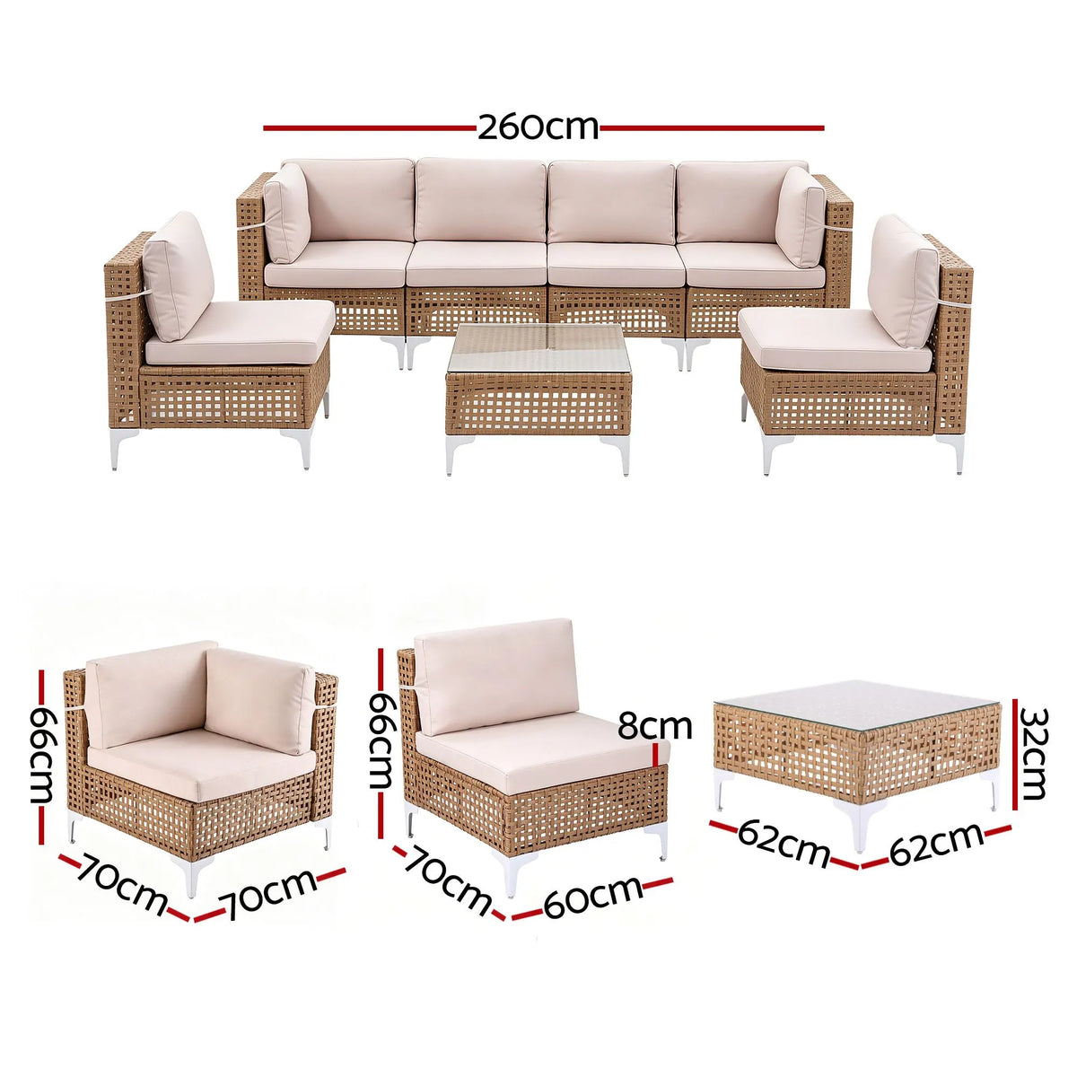 Gardeon 6 Seater Outdoor Sofa Set 7PCS Table Chair Set Garden Rattan Patio Furniture - Image 2