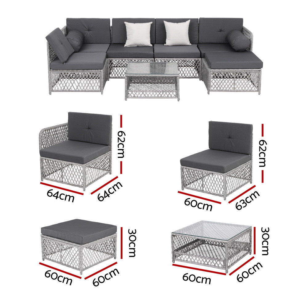 Gardeon 6 Seater Outdoor Sofa Set 7PCS Table Chair Set Garden Rattan Patio Furniture - Image 2