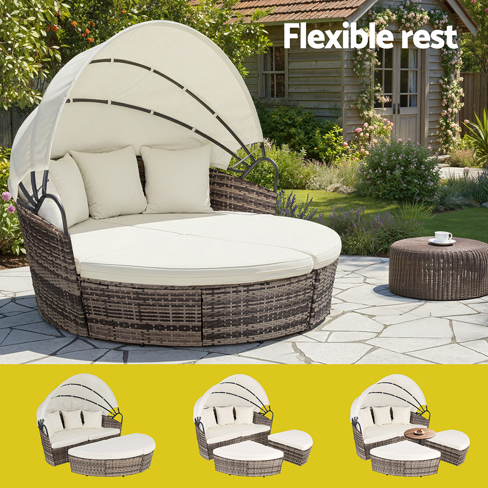 Gardeon Outdoor Day Bed Sun Lounge Setting Wicker Lounger Furniture Patio Beige Set of 3 - Image 6