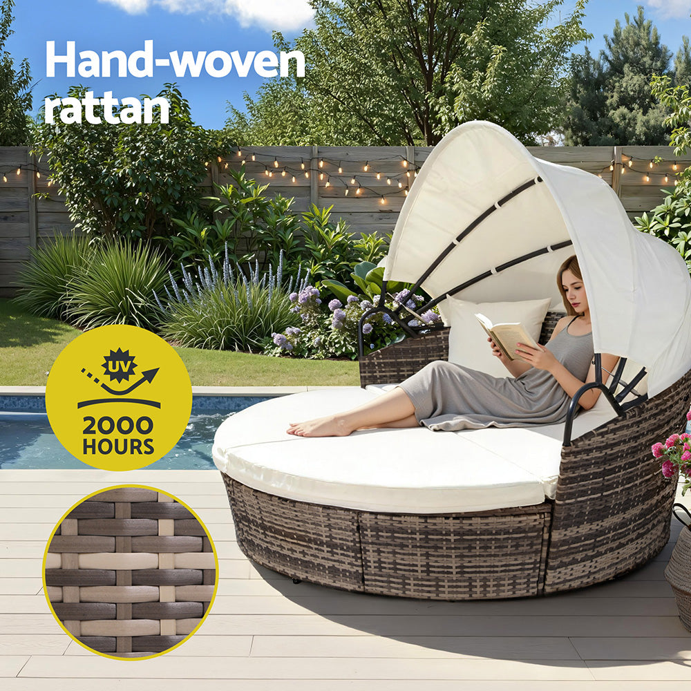 Gardeon Outdoor Day Bed Sun Lounge Setting Wicker Lounger Furniture Patio Beige Set of 3 - Image 7