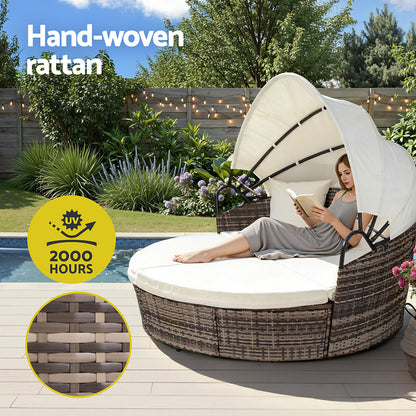 Gardeon Outdoor Day Bed Sun Lounge Setting Wicker Lounger Furniture Patio Beige Set of 3 - Image 7