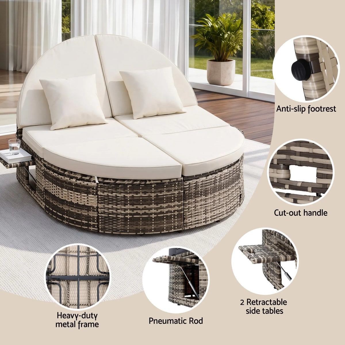 Gardeon Outdoor Day Bed Sun Lounge Setting Wicker Lounger Patio Furniture w/ Retractable Side Tray - Image 4
