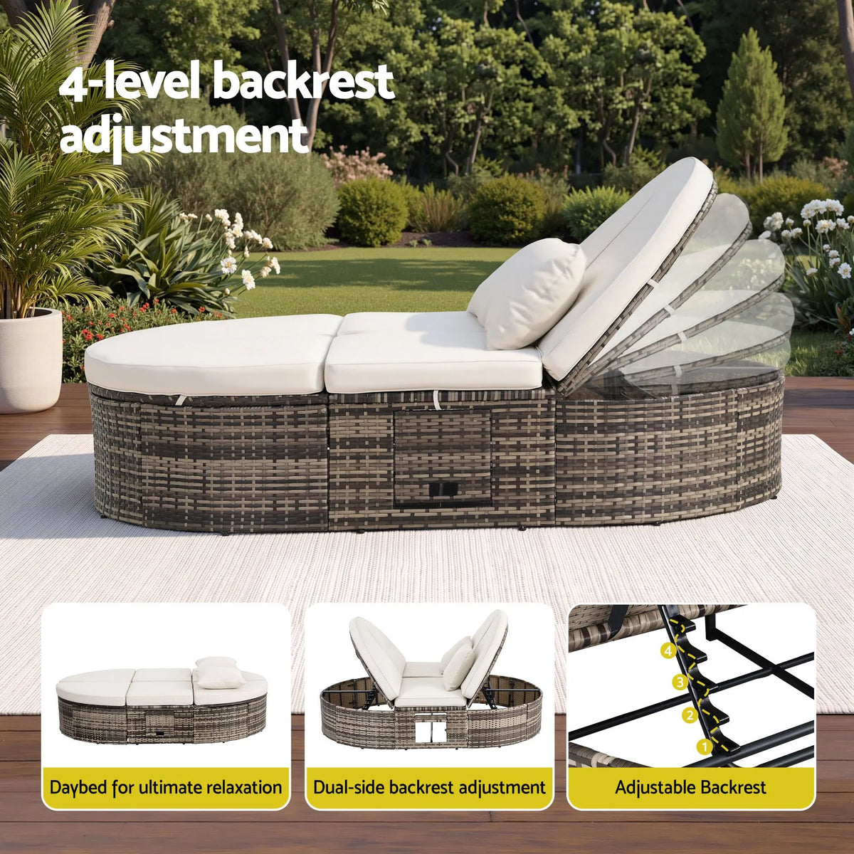 Gardeon Outdoor Day Bed Sun Lounge Setting Wicker Lounger Patio Furniture w/ Retractable Side Tray - Image 5