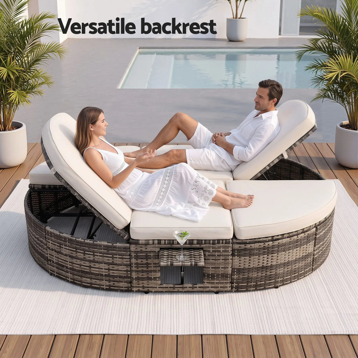 Gardeon Outdoor Day Bed Sun Lounge Setting Wicker Lounger Patio Furniture w/ Retractable Side Tray - Image 6