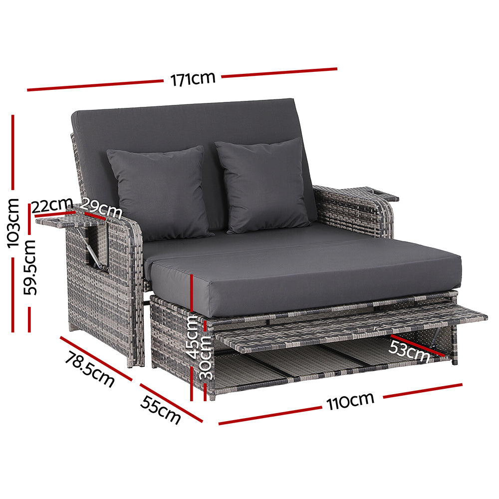 Gardeon Outdoor Day Bed Sun Lounge Setting Wicker Lounger Patio Furniture Grey - Image 2