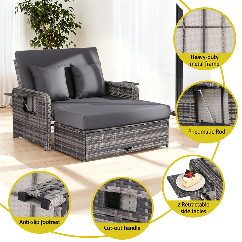 Gardeon Outdoor Day Bed Sun Lounge Setting Wicker Lounger Patio Furniture Grey - Image 4