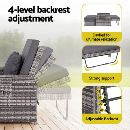 Gardeon Outdoor Day Bed Sun Lounge Setting Wicker Lounger Patio Furniture Grey - Image 5