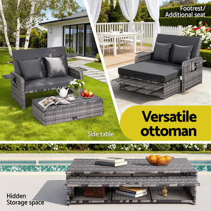 Gardeon Outdoor Day Bed Sun Lounge Setting Wicker Lounger Patio Furniture Grey - Image 6