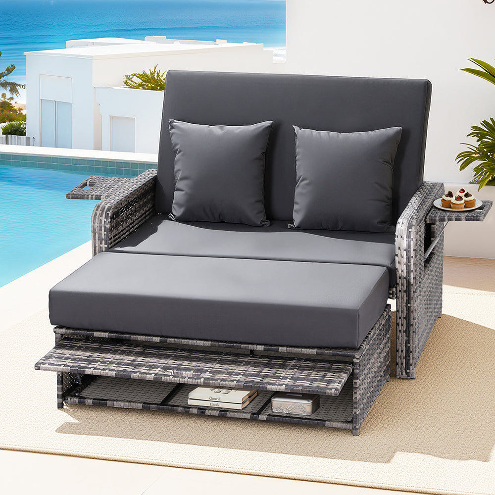 Gardeon Outdoor Day Bed Sun Lounge Setting Wicker Lounger Patio Furniture Grey - Image 7