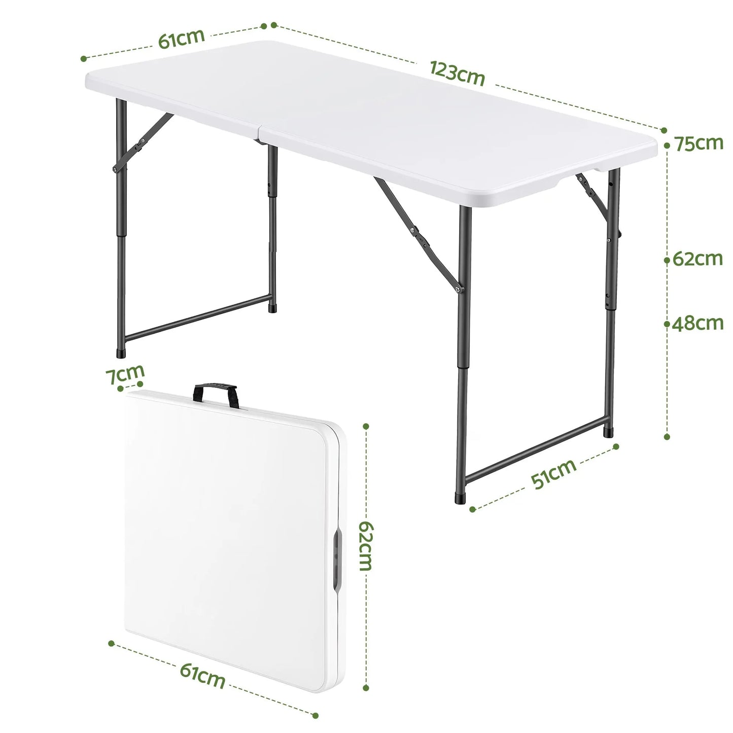 Gardeon 123cm Folding Table Portable Fold-in-Half with Handle Camping Picnic Adjustable Height - Image 2