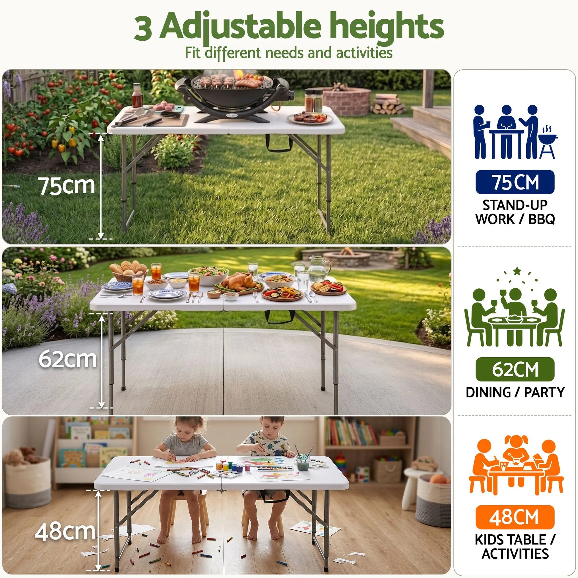 Gardeon 123cm Folding Table Portable Fold-in-Half with Handle Camping Picnic Adjustable Height - Image 4