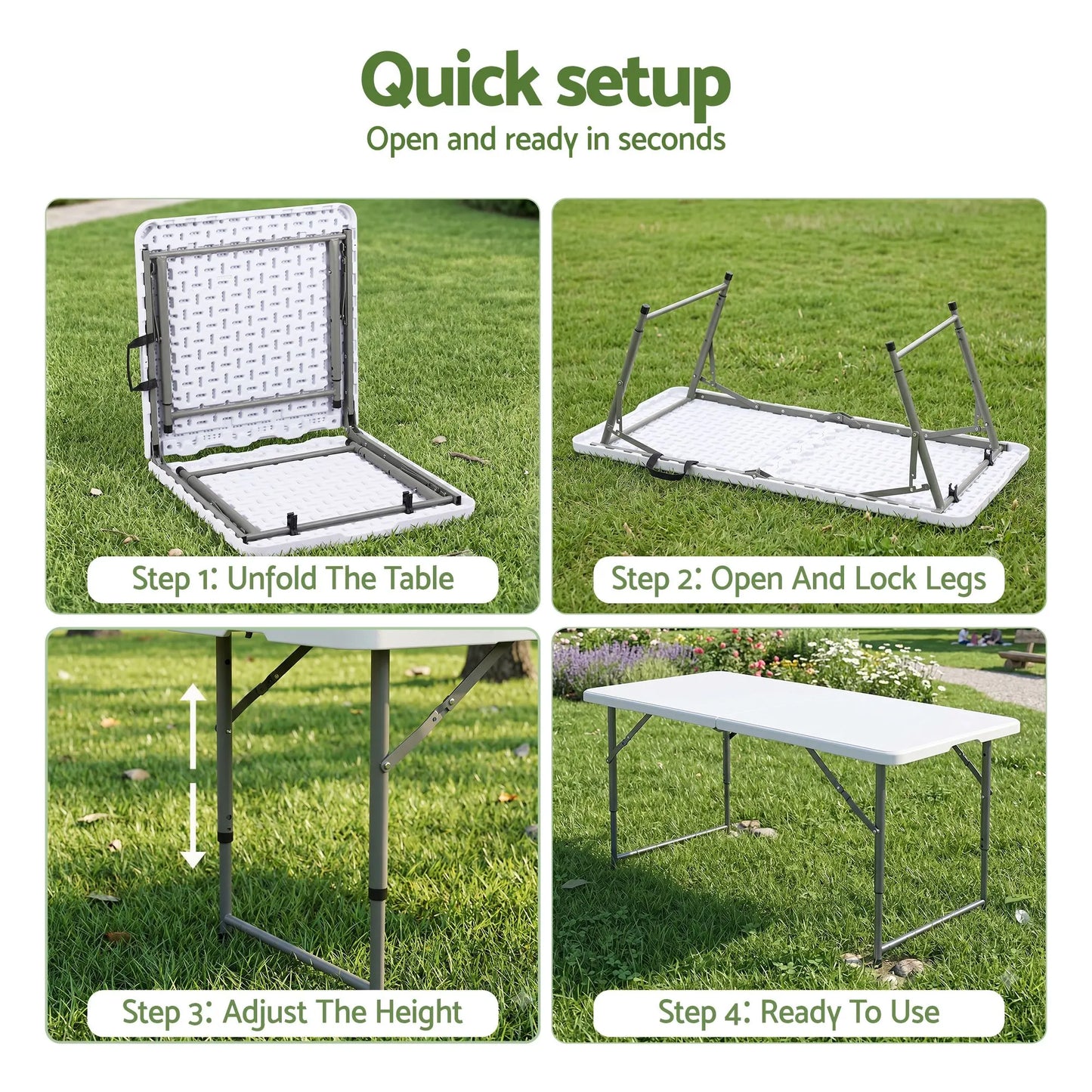 Gardeon 123cm Folding Table Portable Fold-in-Half with Handle Camping Picnic Adjustable Height - Image 7