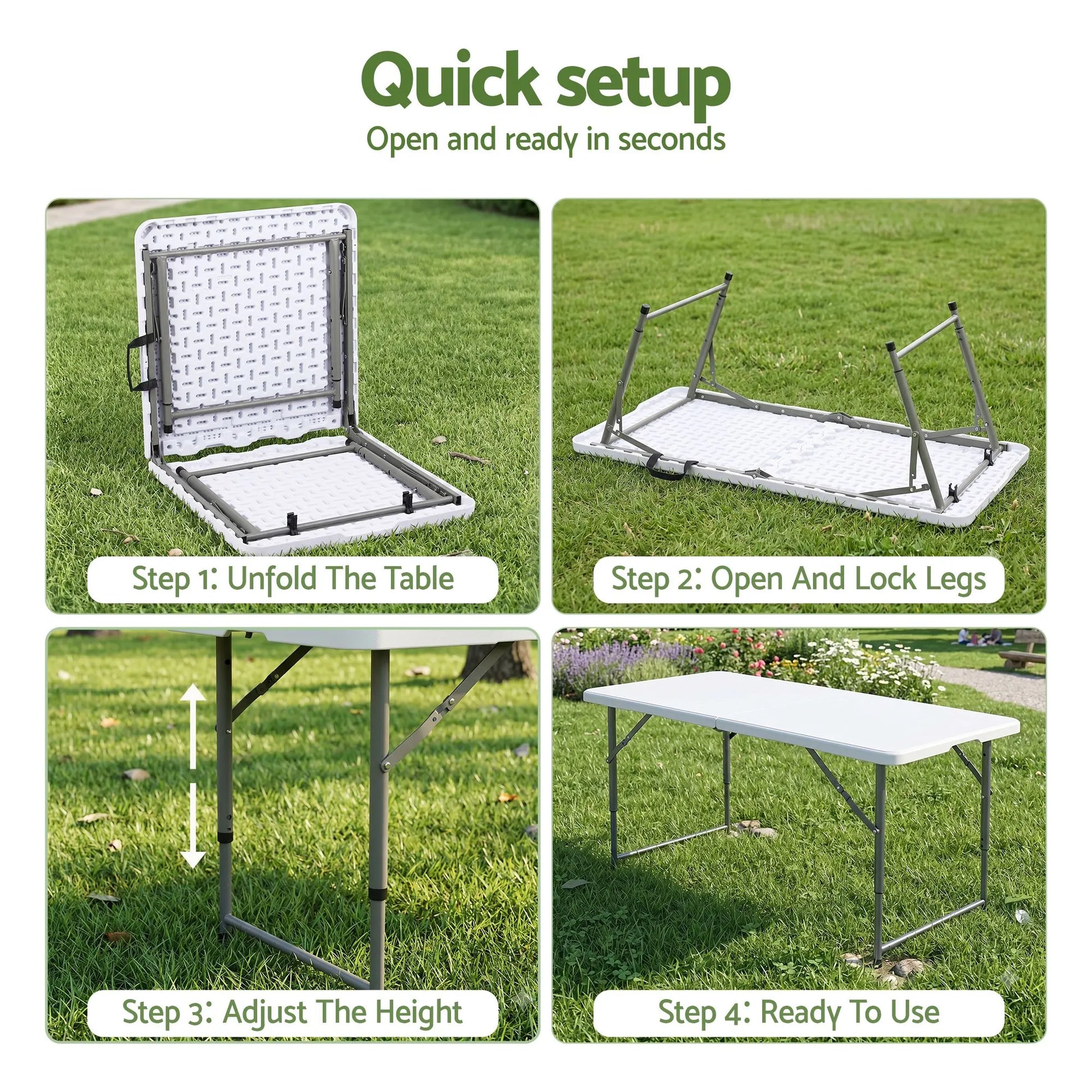 Gardeon 123cm Folding Table Portable Fold-in-Half with Handle Camping Picnic Adjustable Height - Image 7