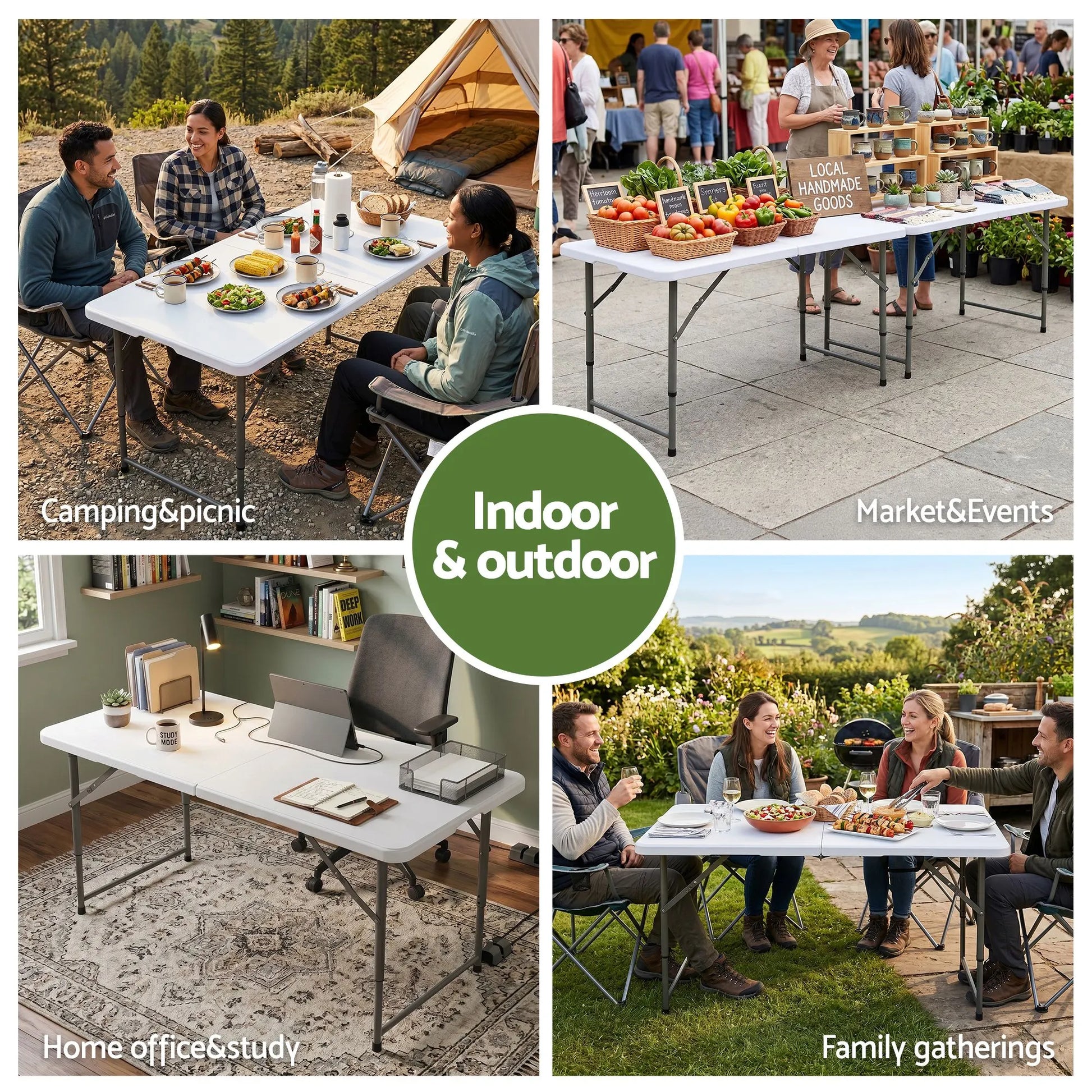Gardeon 123cm Folding Table Portable Fold-in-Half with Handle Camping Picnic Adjustable Height - Image 9