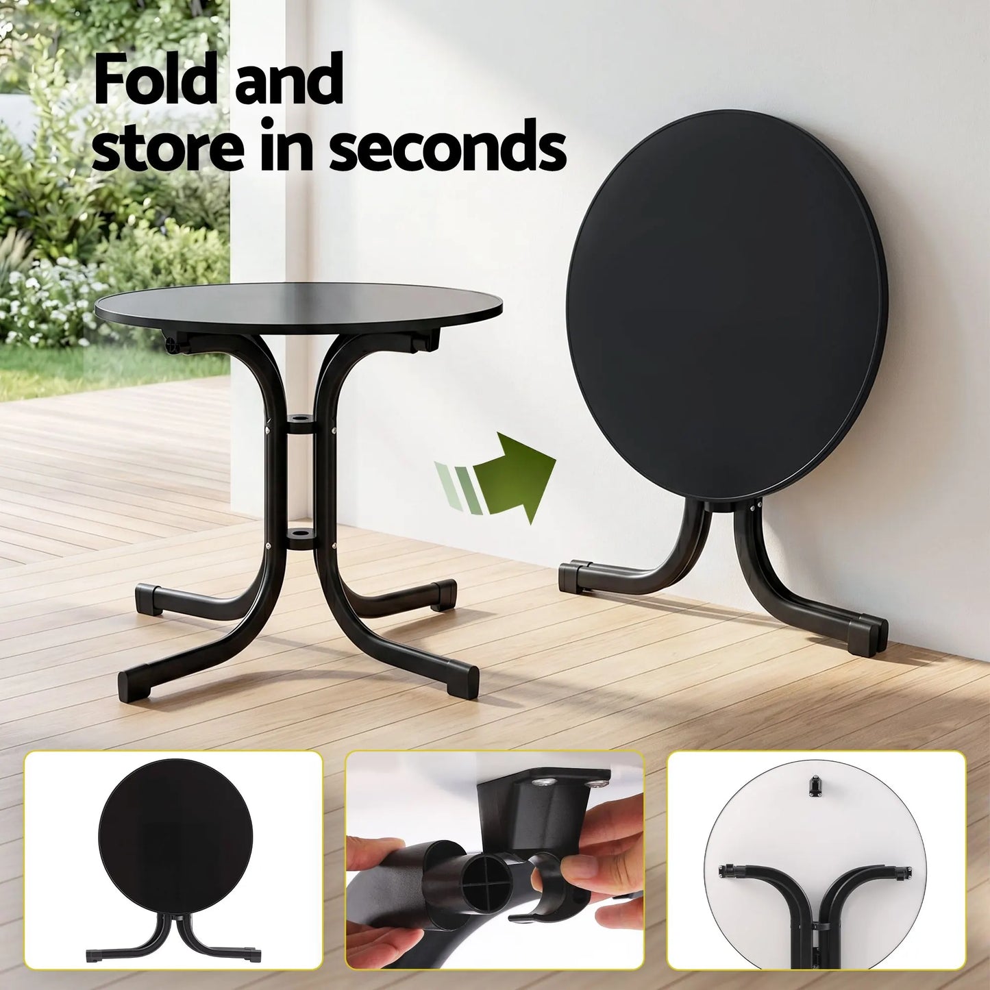 Gardeon Outdoor Side Table 80cm Folding Steel Round Bistro Desk Cafe Patio Furniture Black - Image 5