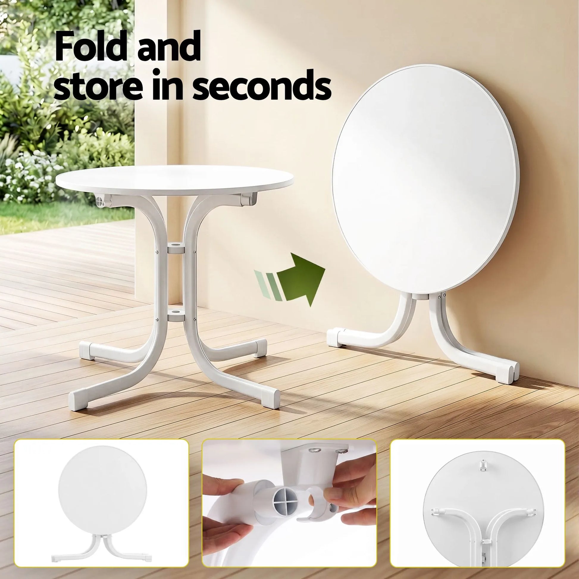 Gardeon Outdoor Side Table 80cm Folding Steel Round Bistro Desk Cafe Patio Furniture White - Image 5