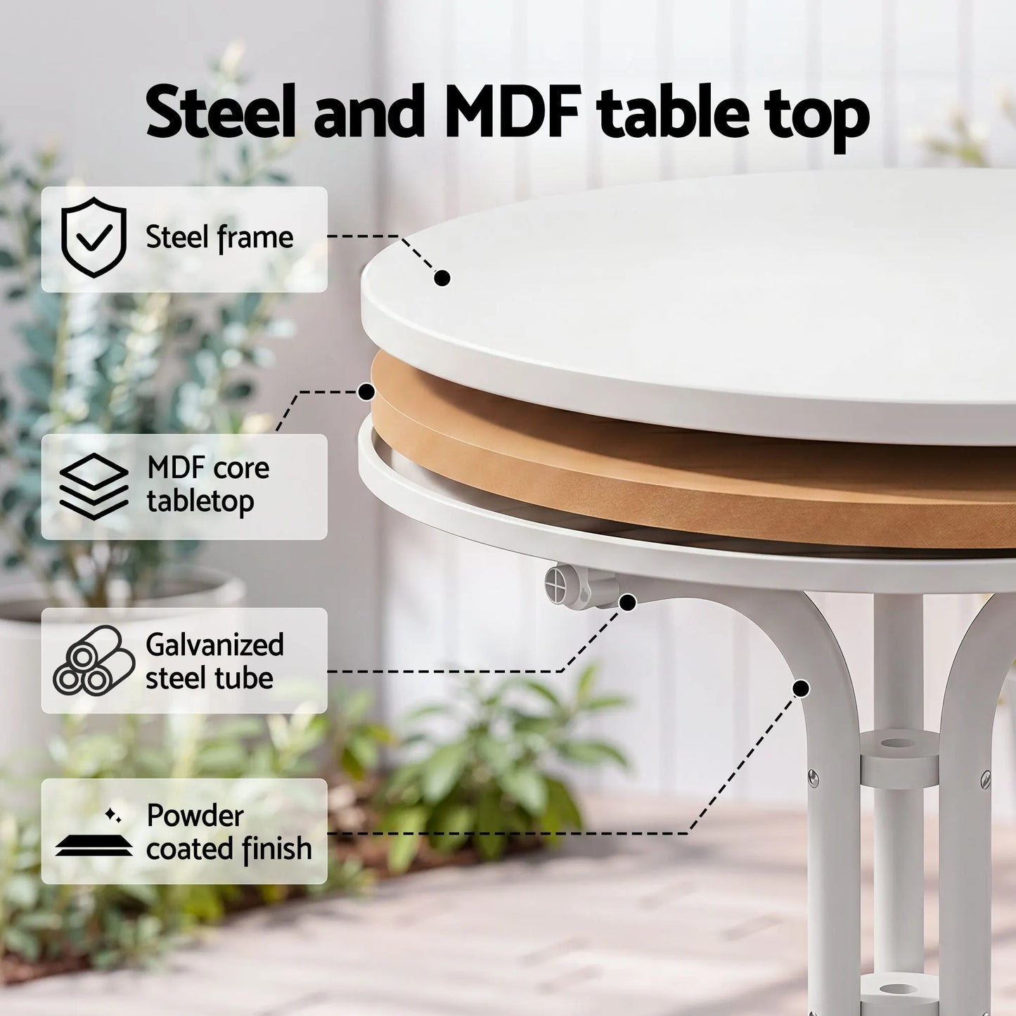 Gardeon Outdoor Side Table 80cm Folding Steel Round Bistro Desk Cafe Patio Furniture White - Image 7
