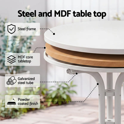 Gardeon Outdoor Side Table 80cm Folding Steel Round Bistro Desk Cafe Patio Furniture White - Image 7