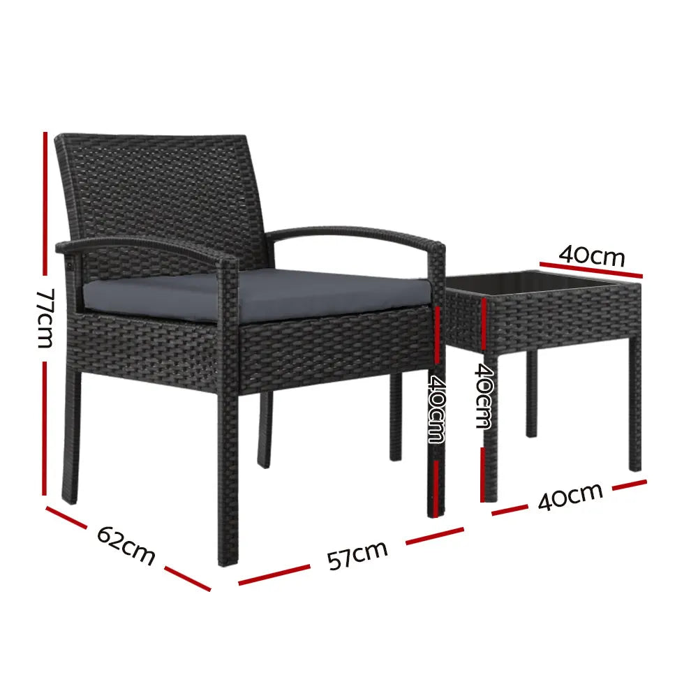 Gardeon 3PC Patio Furniture Bistro Set Wicker Outdoor Lounge Setting Black - Image 2