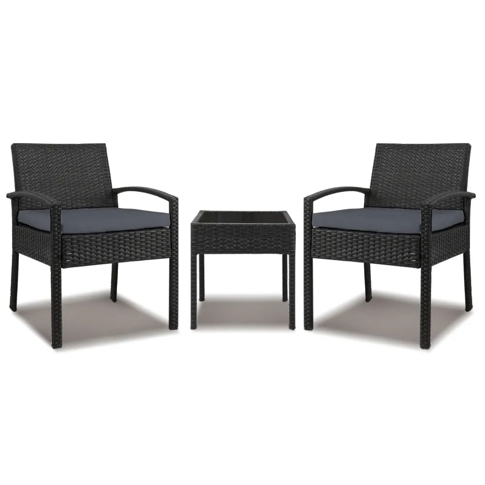 Gardeon 3PC Patio Furniture Bistro Set Wicker Outdoor Lounge Setting Black - Image 8