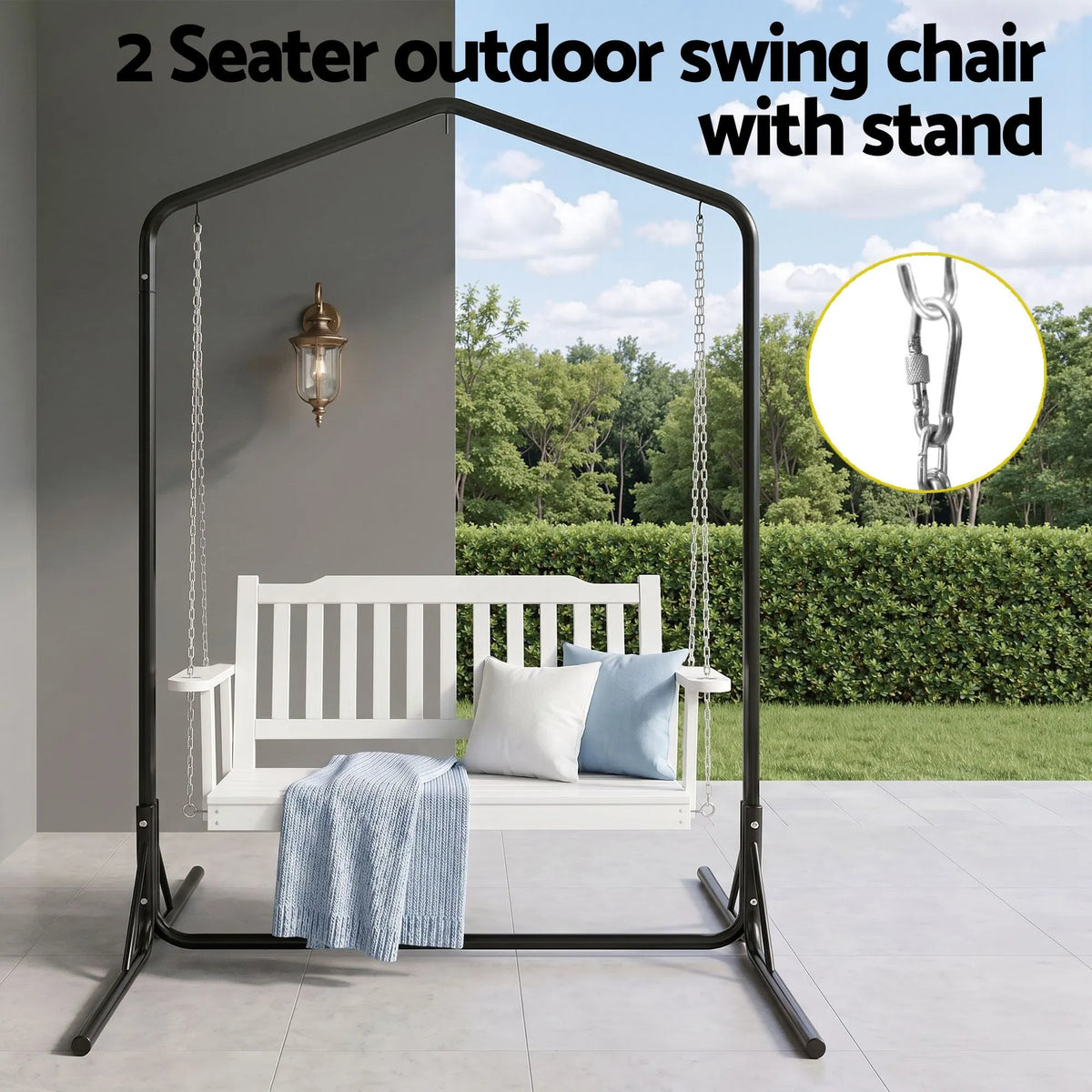 Gardeon Wooden 2-Seater Outdoor Swing Chair with Black Stand White Hanging Chair - Image 4