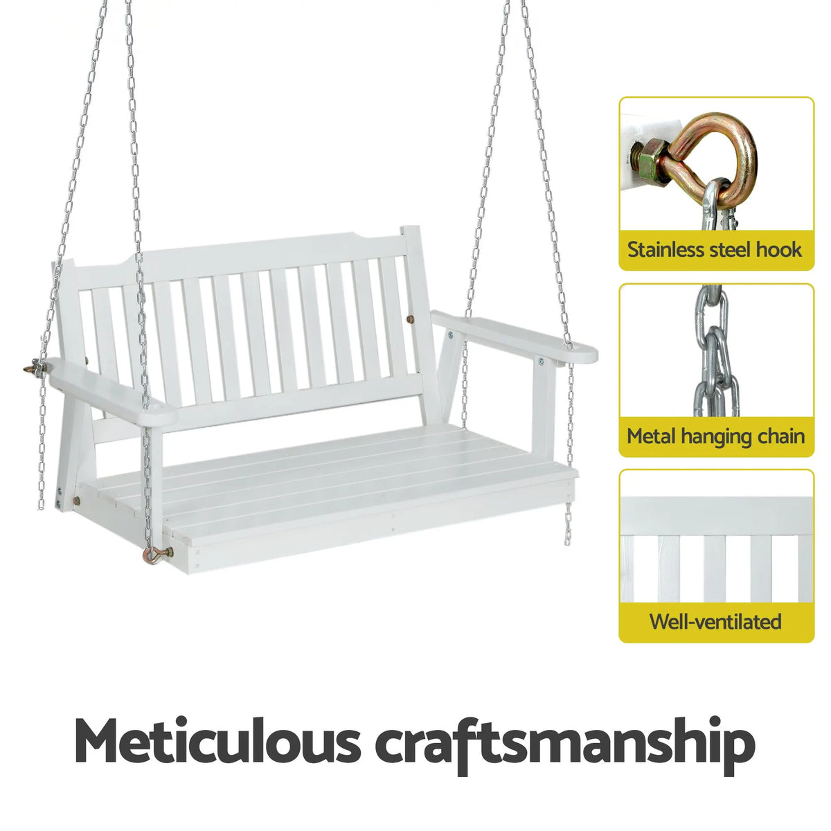 Gardeon Wooden 2-Seater Outdoor Swing Chair with Black Stand White Hanging Chair - Image 5
