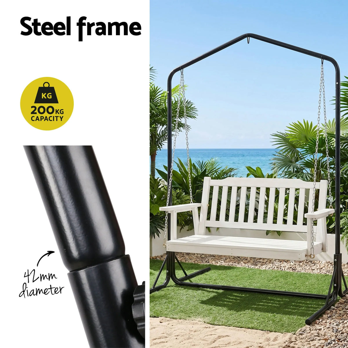 Gardeon Wooden 2-Seater Outdoor Swing Chair with Black Stand White Hanging Chair - Image 6