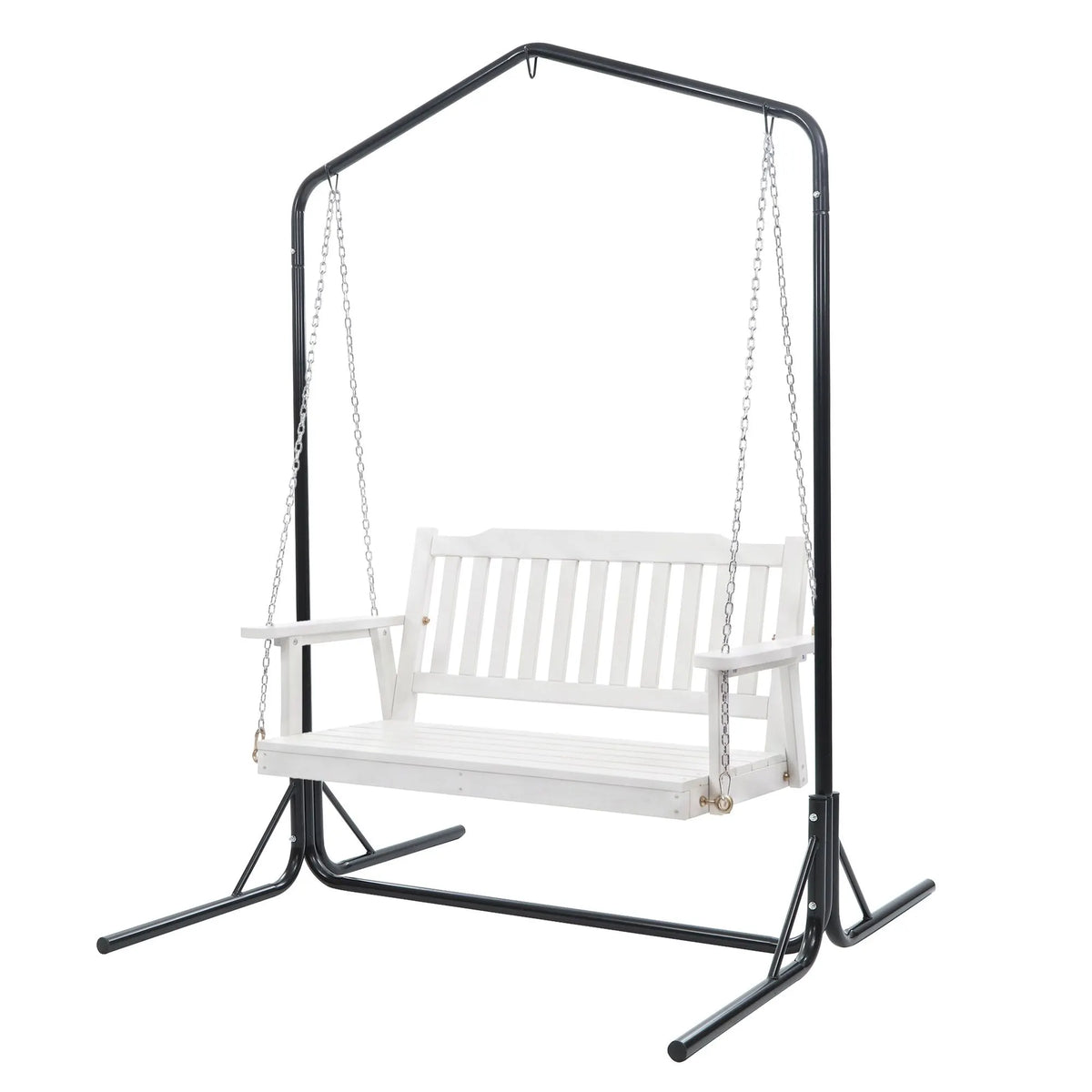 Gardeon Wooden 2-Seater Outdoor Swing Chair with Black Stand White Hanging Chair - Image 8