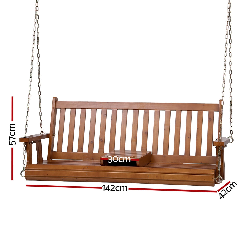 Gardeon Porch Outdoor Swing Chair Patio Furniture Wooden Bench 2 Seat Cup Holder - Image 2