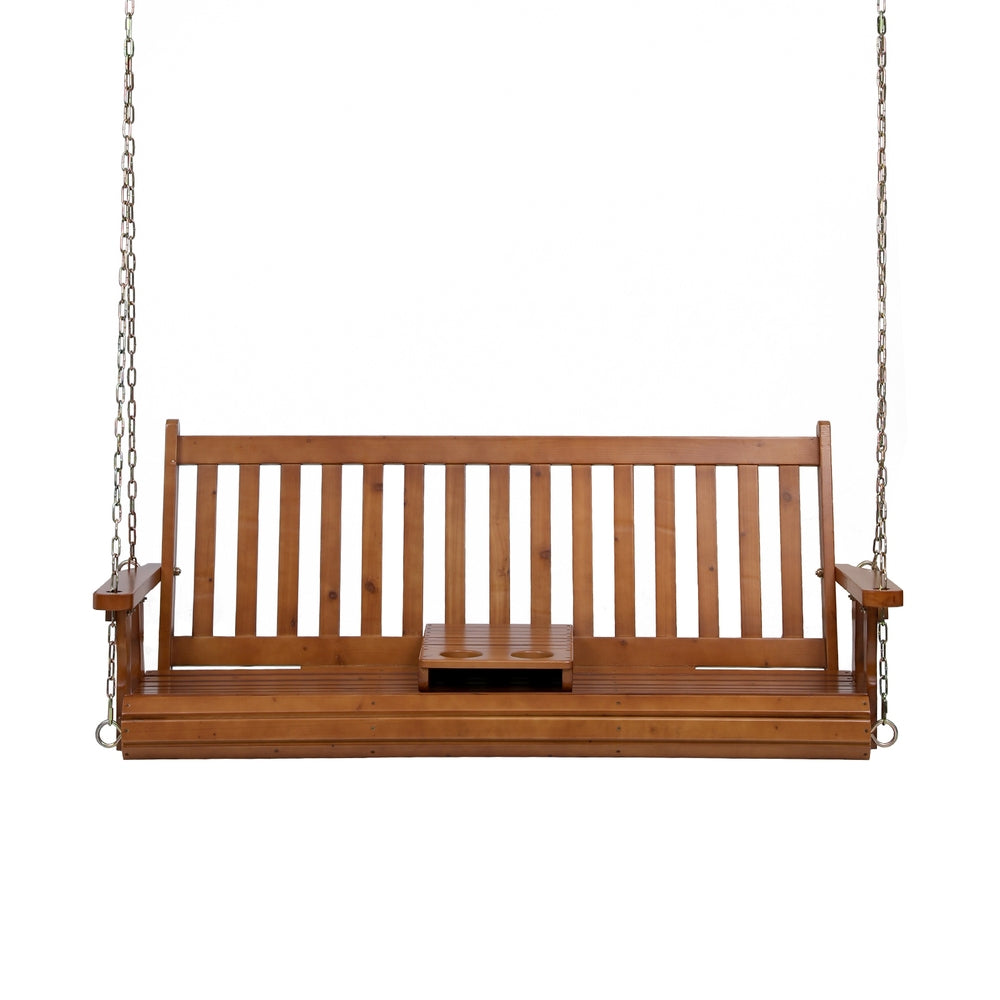 Gardeon Porch Outdoor Swing Chair Patio Furniture Wooden Bench 2 Seat Cup Holder - Image 3