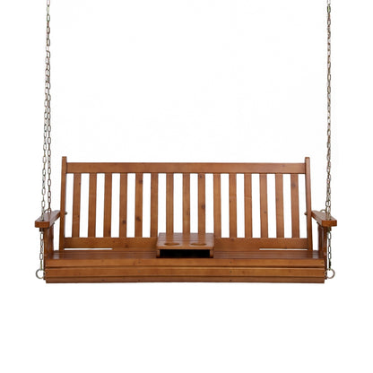 Gardeon Porch Outdoor Swing Chair Patio Furniture Wooden Bench 2 Seat Cup Holder - Image 3