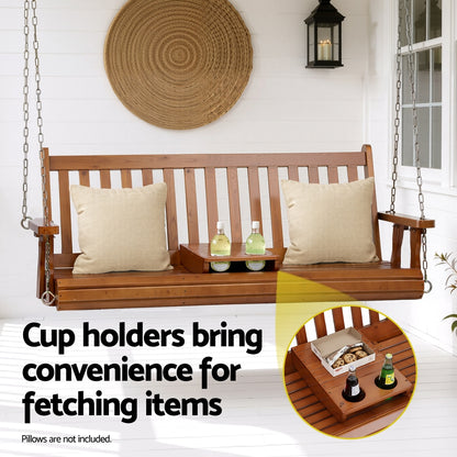 Gardeon Porch Outdoor Swing Chair Patio Furniture Wooden Bench 2 Seat Cup Holder - Image 5