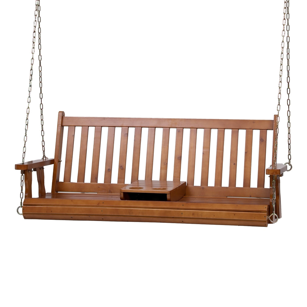 Gardeon Porch Outdoor Swing Chair Patio Furniture Wooden Bench 2 Seat Cup Holder - Image 7