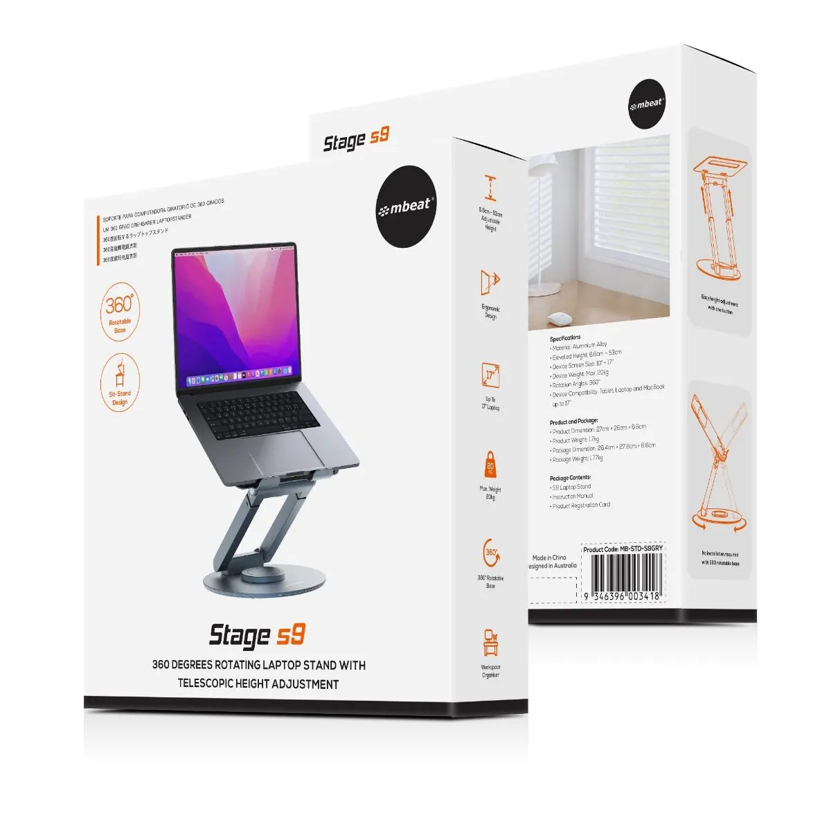 mbeat® Stage S9 Rotating Laptop Stand with Telescopic Height Adjustment Material: Aluminium Alloy... - Image 4