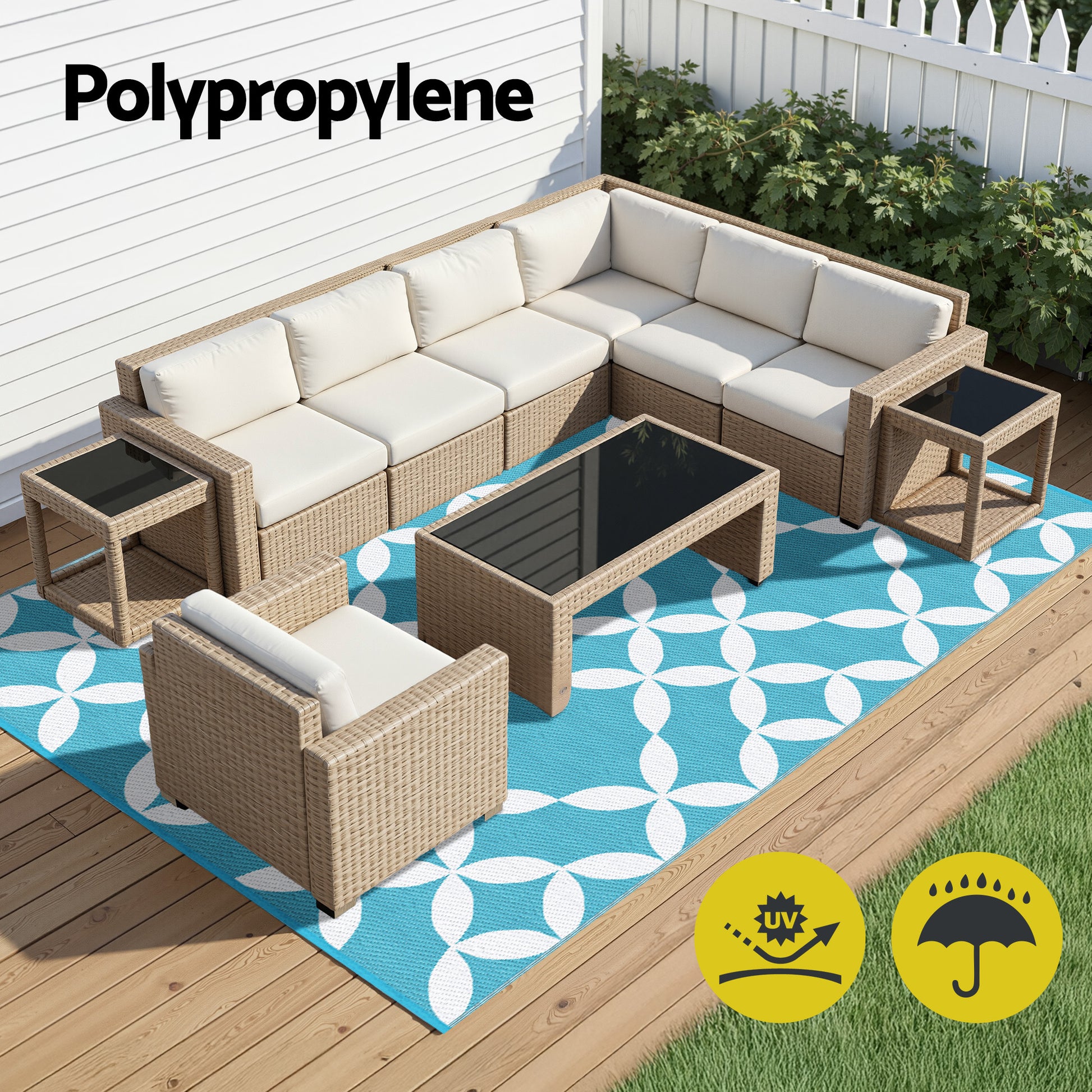 Gardeon Outdoor Rugs 274x366cm Large Carpet Reversible Area Mat PP Dual-Sided Patio Rug Light Blue - Image 4