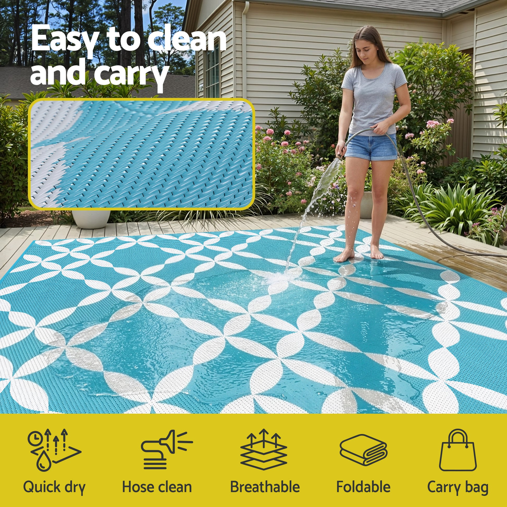 Gardeon Outdoor Rugs 274x366cm Large Carpet Reversible Area Mat PP Dual-Sided Patio Rug Light Blue - Image 5
