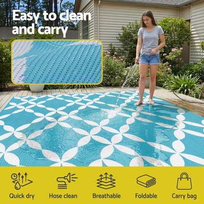 Gardeon Outdoor Rugs 274x366cm Large Carpet Reversible Area Mat PP Dual-Sided Patio Rug Light Blue - Image 5