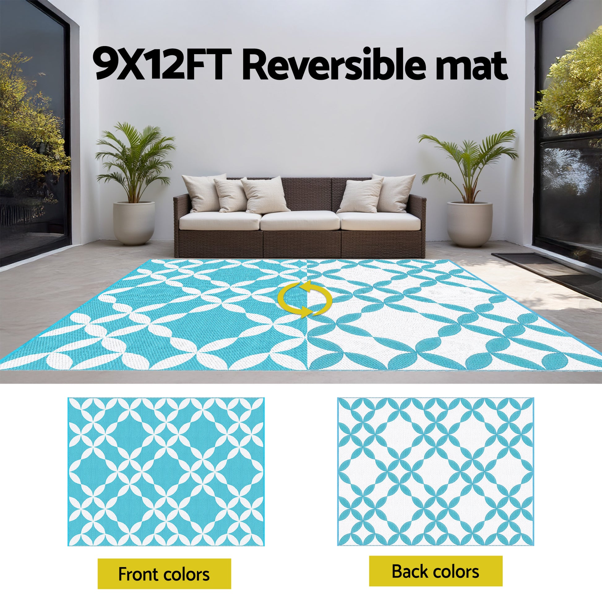 Gardeon Outdoor Rugs 274x366cm Large Carpet Reversible Area Mat PP Dual-Sided Patio Rug Light Blue - Image 6