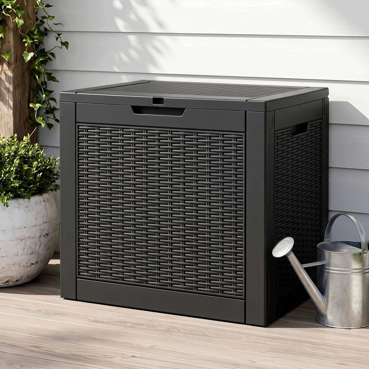 Gardeon Outdoor Storage Box 118L Container Lockable Garden Toy Tool Rattan-Texture Black - Image 9