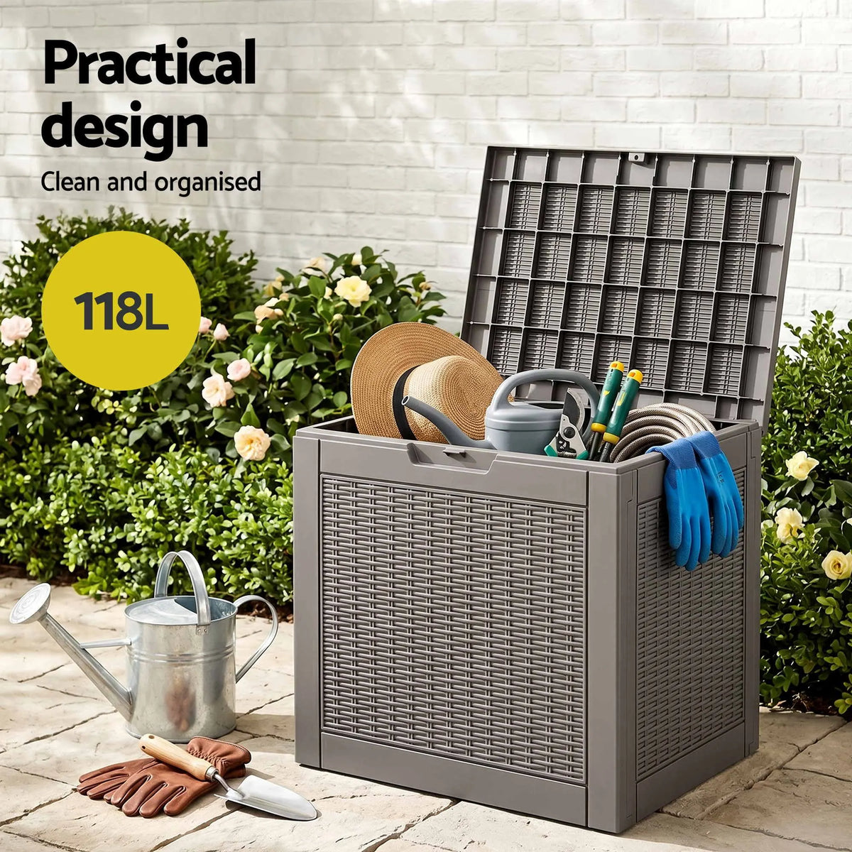 Gardeon Outdoor Storage Box 118L Container Lockable Garden Toy Tool Rattan-Texture Brown - Image 4