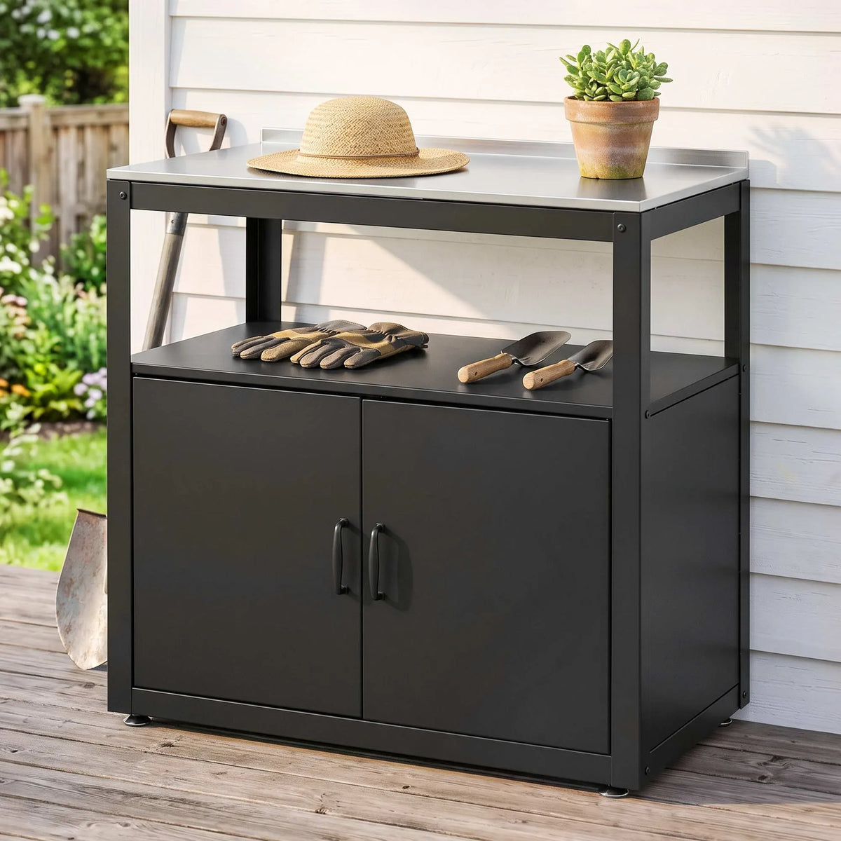 Gardeon Outdoor Storage Cabinet Garden Potting Bench Stainless Steel Table Top Black