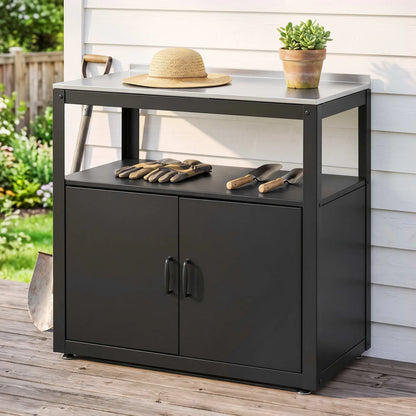 Gardeon Outdoor Storage Cabinet Garden Potting Bench Stainless Steel Table Top Black