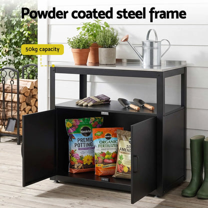 Gardeon Outdoor Storage Cabinet Garden Potting Bench Stainless Steel Table Top Black - Image 6