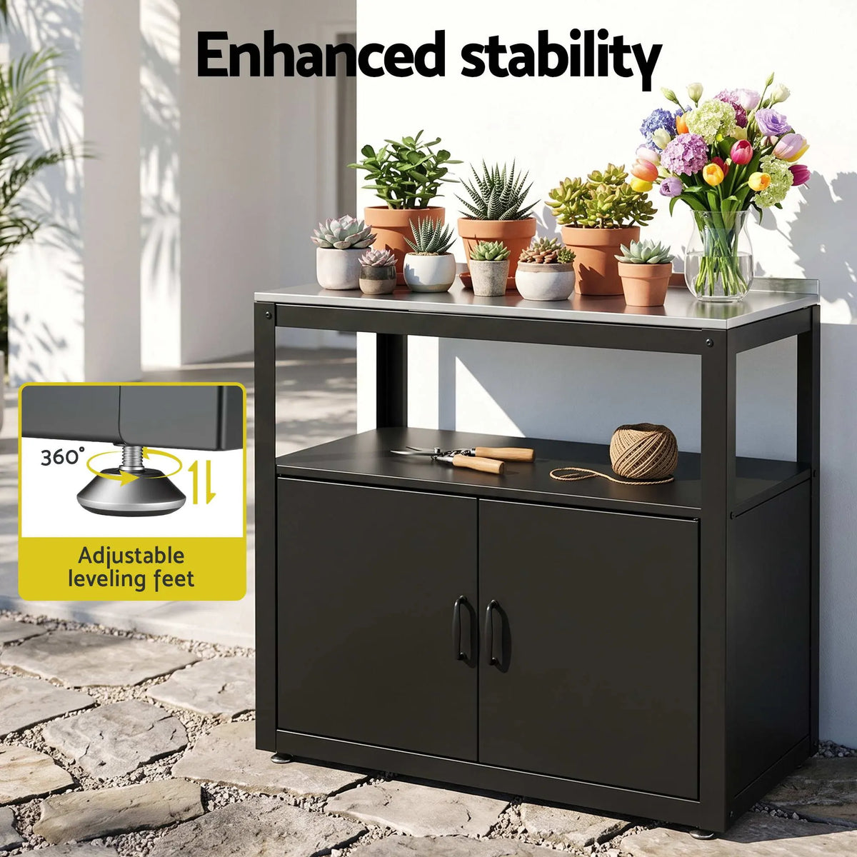 Gardeon Outdoor Storage Cabinet Garden Potting Bench Stainless Steel Table Top Black - Image 8
