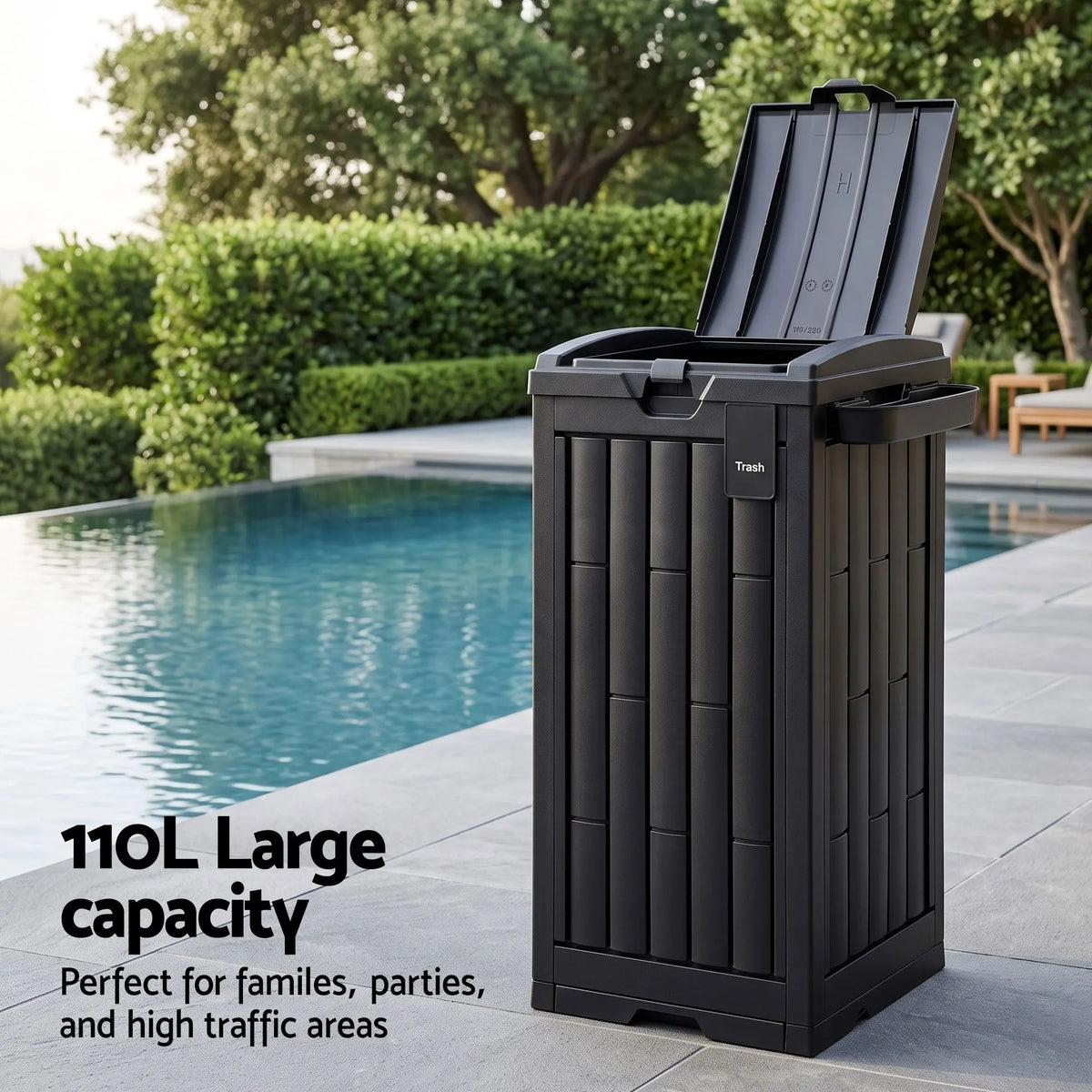 Gardeon Outdoor Trash Cans Polypropylene Patio Hideaway Bin 110L Black - Image 5