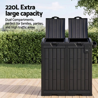 Gardeon Outdoor Trash Cans Dual Compartment Trash Can 220L Black - Image 5