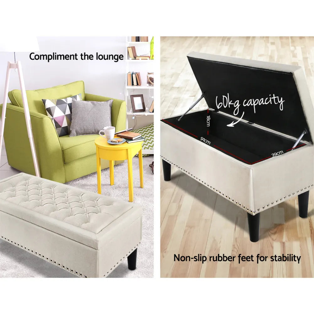 Artiss Storage Ottoman Blanket Box 96cm Linen Taupe - Image 4