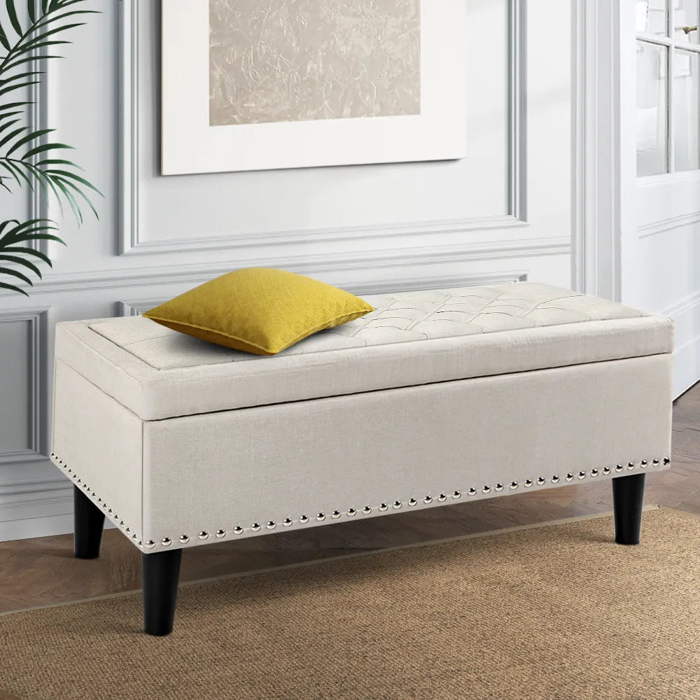 Artiss Storage Ottoman Blanket Box 96cm Linen Taupe - Image 7